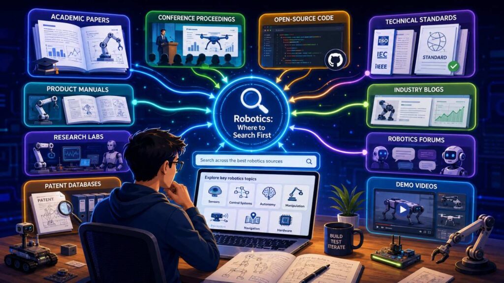 Robotics prior art is spread across papers, code, videos, patents, product docs, and lab pages.