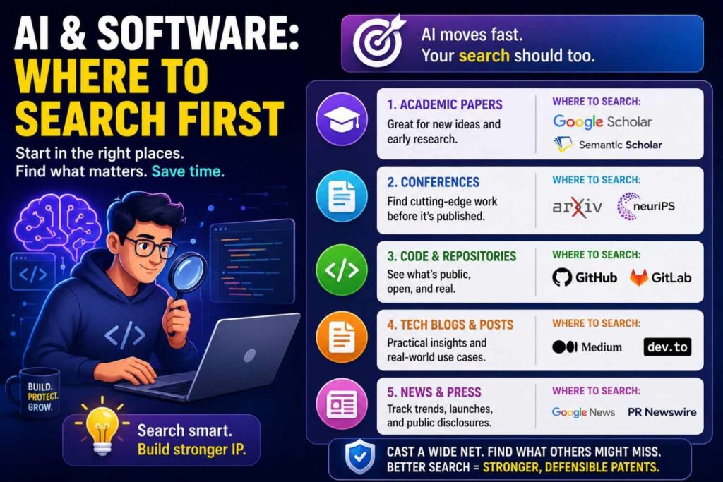 For AI and software inventions, start with papers, preprints, code, docs, and engineering blogs.