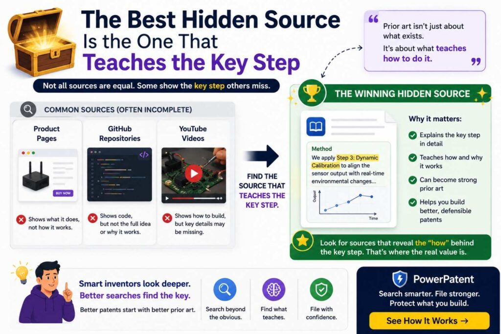 The best hidden prior art source is the one that teaches the part you thought was new.