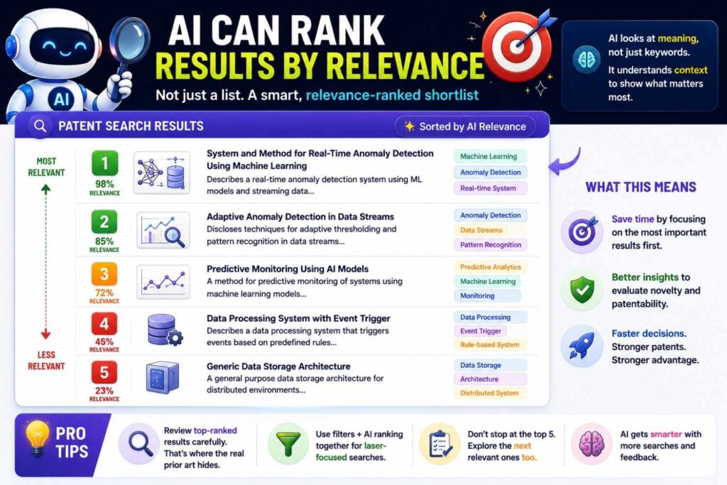 Instead of sorting only by keyword match, AI can compare each result to your invention description.