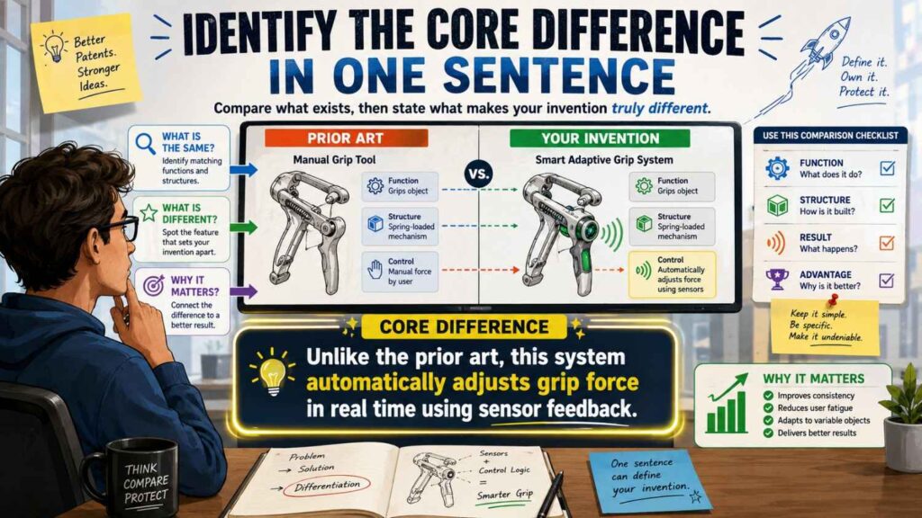 After reviewing prior art, you should be able to say the difference in one sentence.