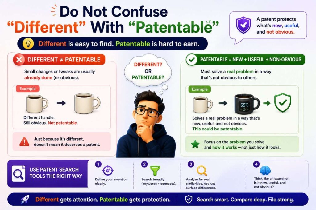 Your invention may be different from prior art and still not be patentable.