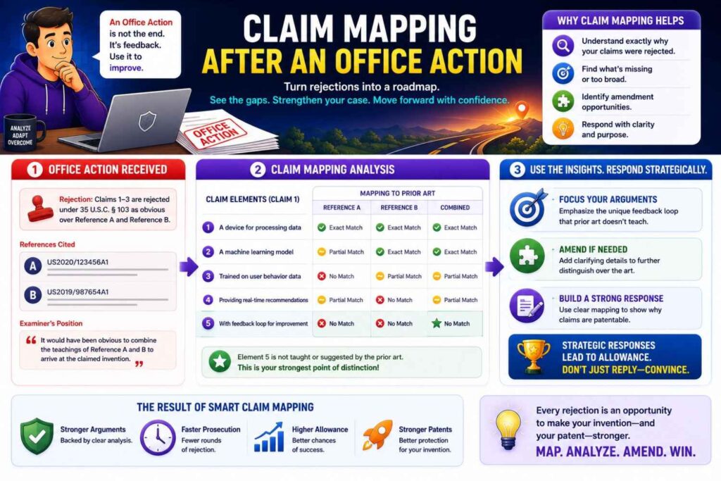 After filing, a patent examiner may reject claims based on prior art.