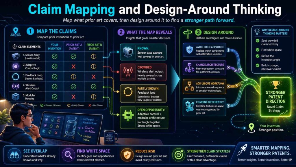 A strong claim map should include design-around thinking.