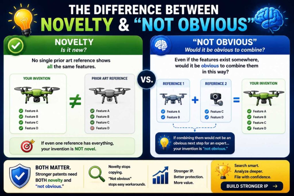 Novelty asks whether one prior art source shows every key part.