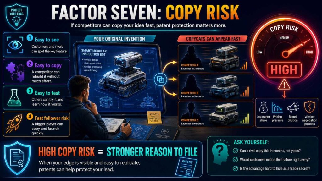 Copy risk asks how likely competitors are to copy the invention.