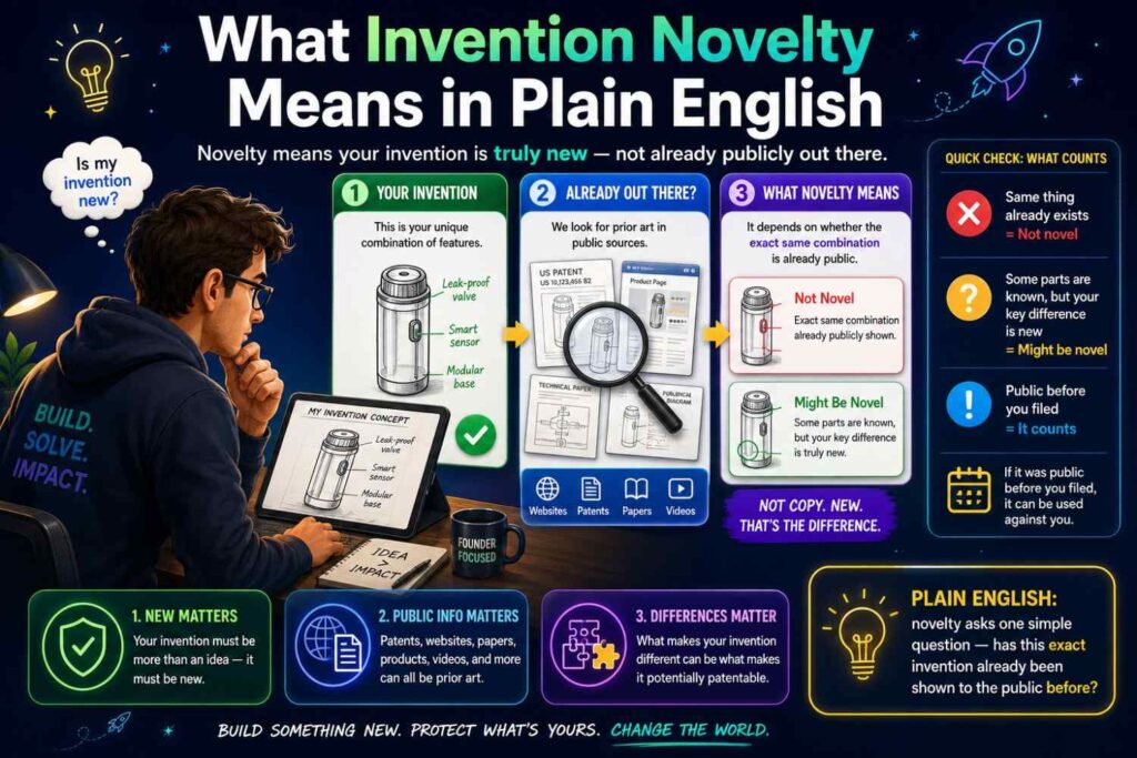 Novelty means your invention was not already shown before.