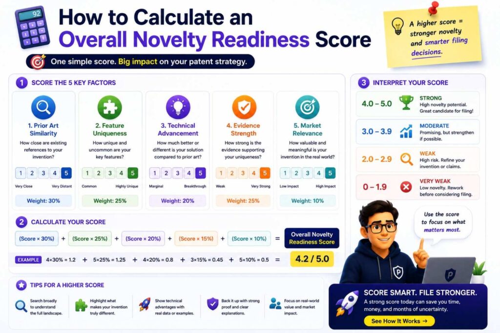 A score above 40 usually means the invention is strong enough for serious attorney review and possible filing.