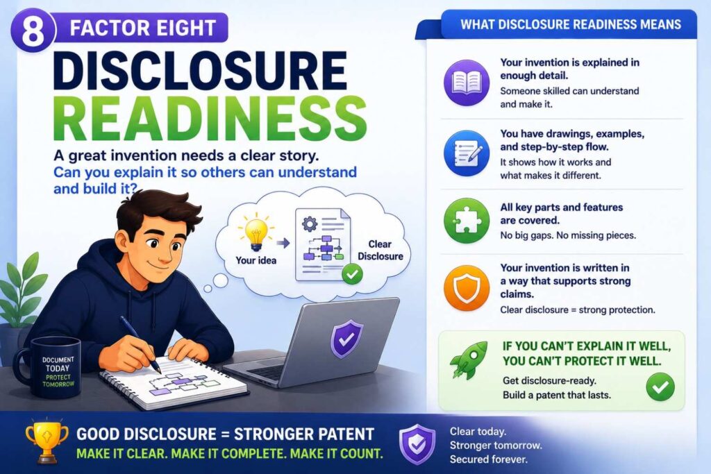 Disclosure readiness asks whether your team is about to make the invention public or already has.
