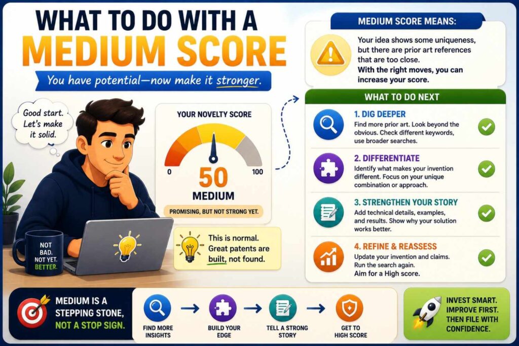A medium score means the invention may be promising, but something is missing.