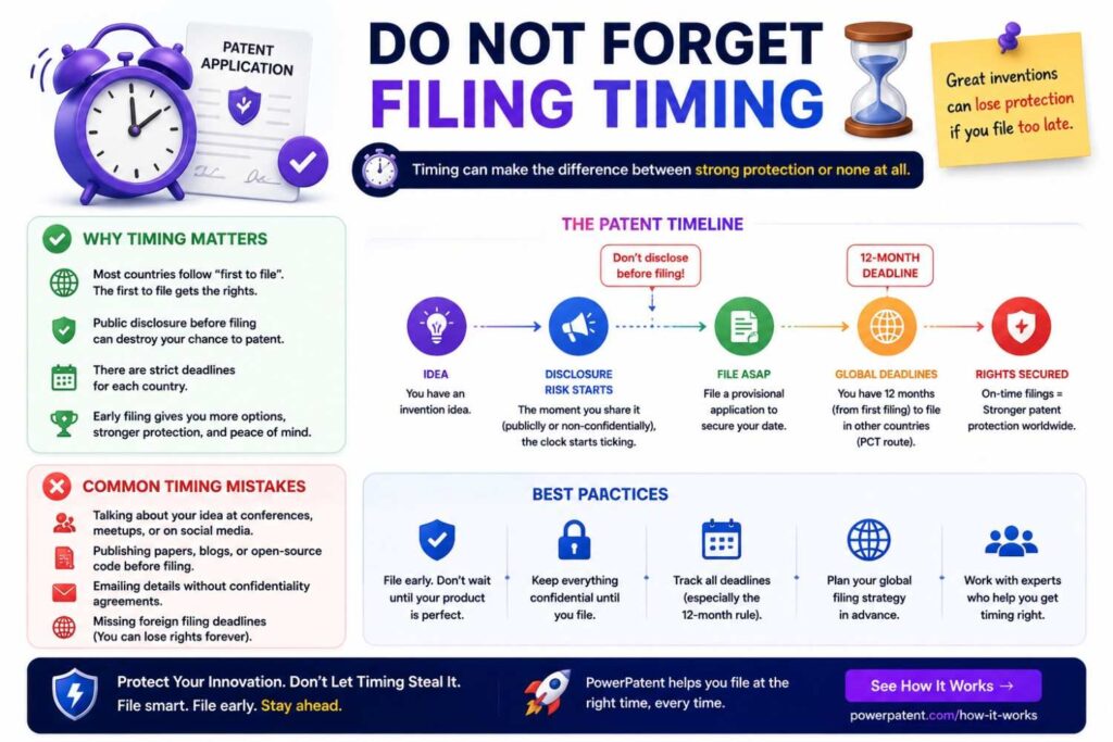 If you are about to launch, publish, open source, demo, pitch, or release technical docs, you may need to file before disclosure.