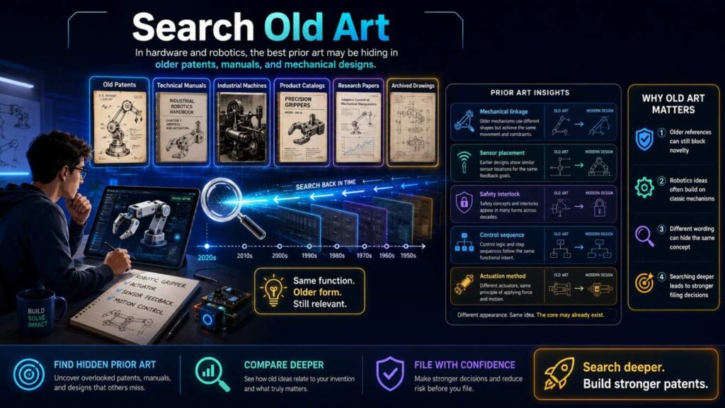 A robotics invention may have prior art from industrial automation in the 1980s or 1990s.