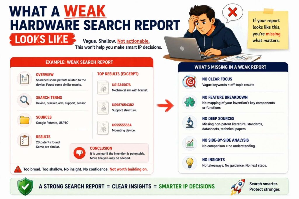 A patentability search should explain what was searched, what was found, what the closest art teaches, what it misses, and what the filing should focus on.