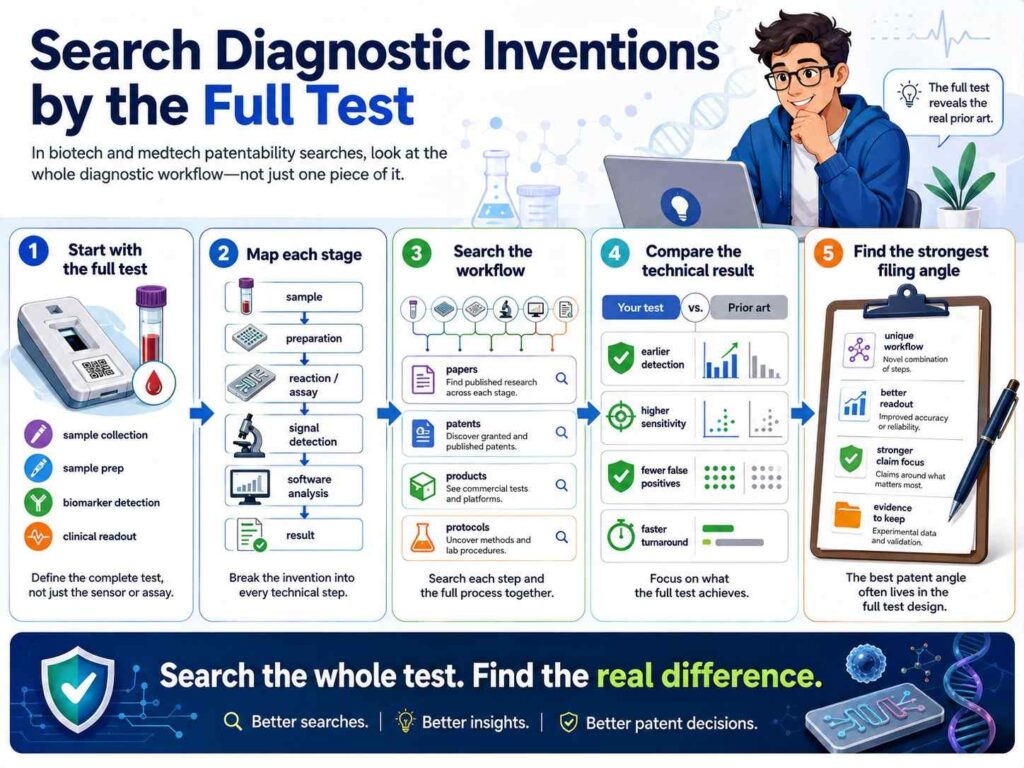 For example, if your invention is a blood test using three markers and an inflammation adjustment, search:
