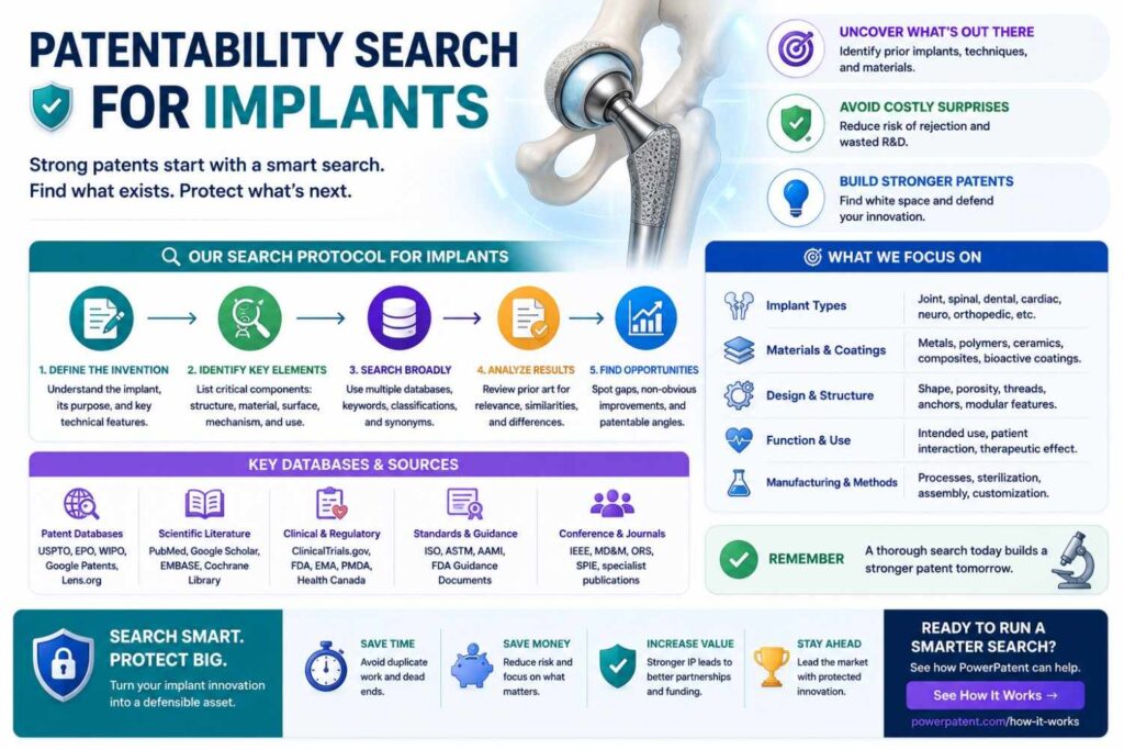 Implant inventions require searching structure, material, placement, tissue interaction, delivery, coating, release, imaging, and long-term behavior.