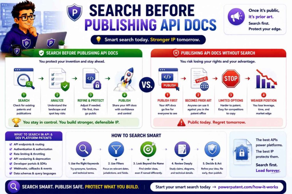 Before publishing API docs, review whether they reveal the invention.