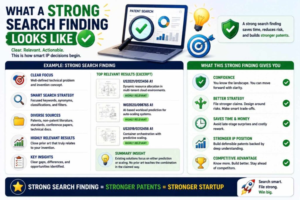 A strong search finding is specific. It does not just say what you found. It explains what the finding means for the business and for the filing.