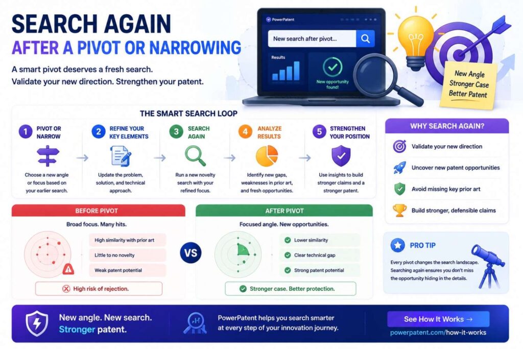 The first search may have focused on the broad product idea. The new claim may use different words and live in a different field.