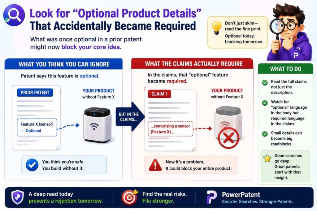 Claims can become too narrow when optional product details sneak into the main claim.