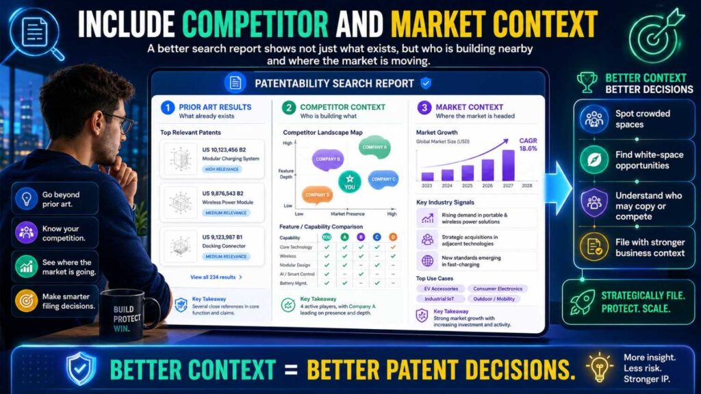 A patentability search report should not become a full market report, but competitor context can be useful.