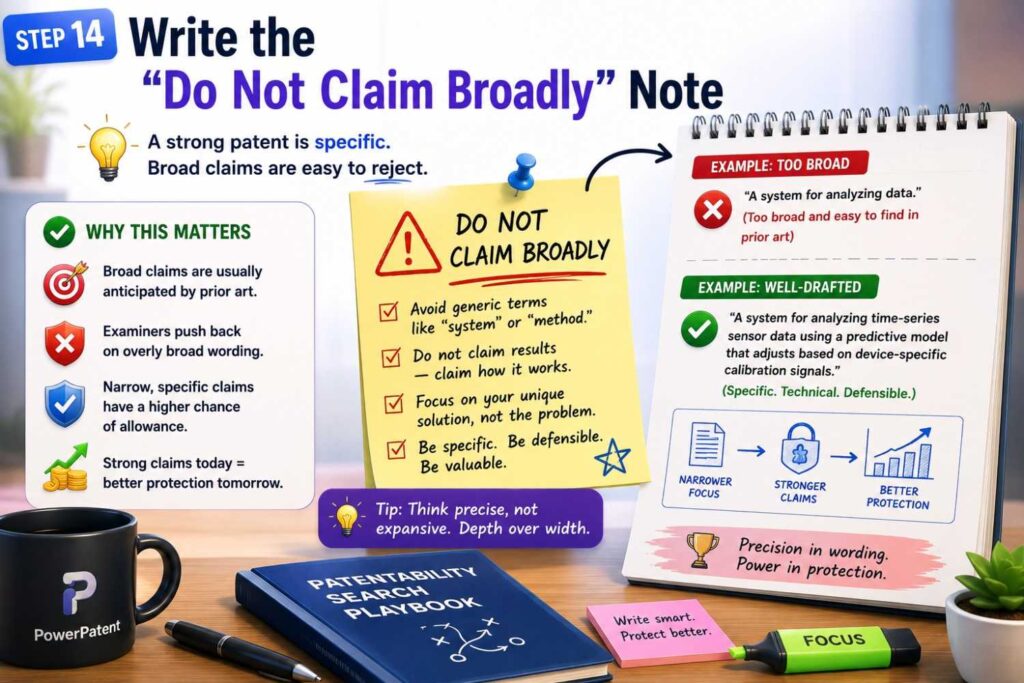 After finding prior art, state what should not be claimed broadly.