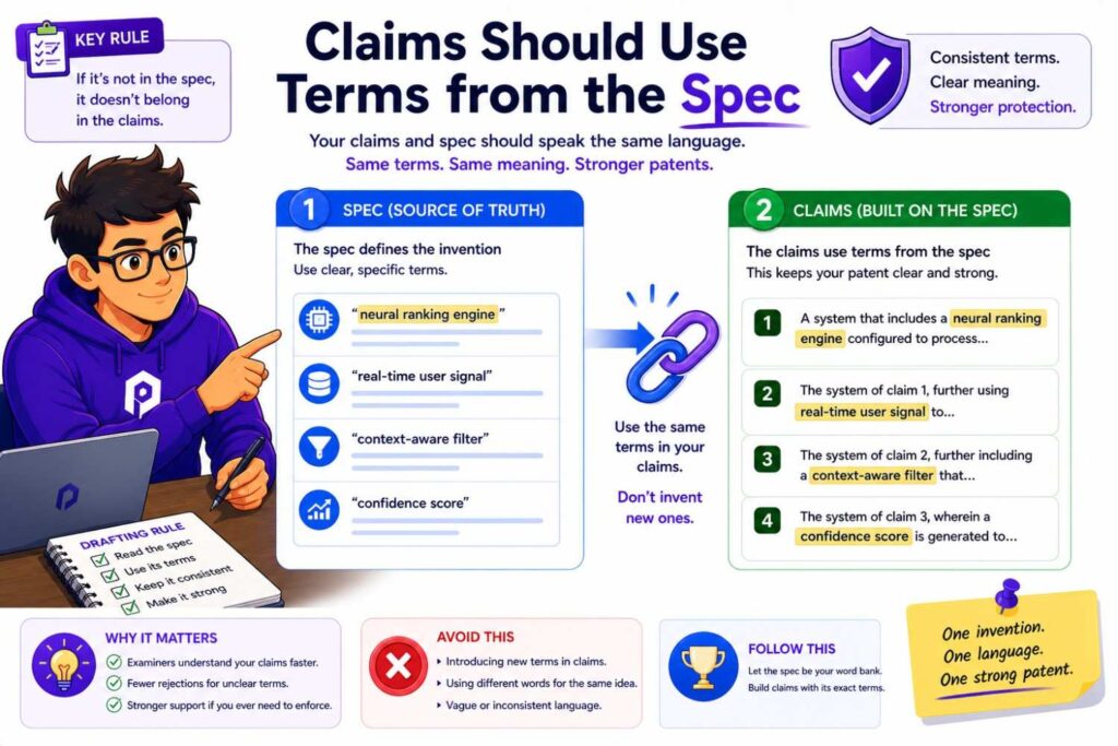 A clean claim set uses the same key terms as the spec.