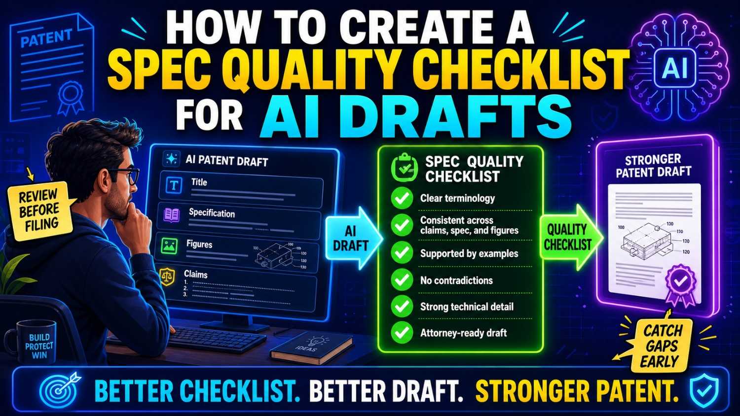 Learn how to create a patent spec quality checklist for AI drafts so you can catch gaps, improve clarity, and strengthen your application before filing.