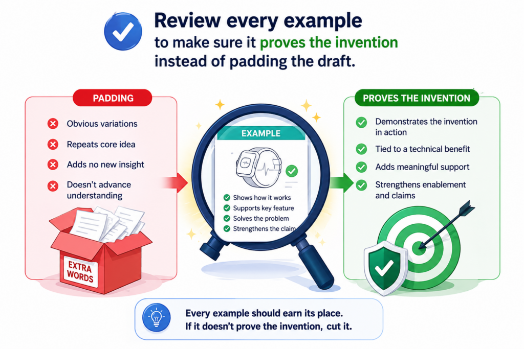 Examples can make a patent draft much stronger. They show how the invention works in real life. They make abstract ideas easier to follow.