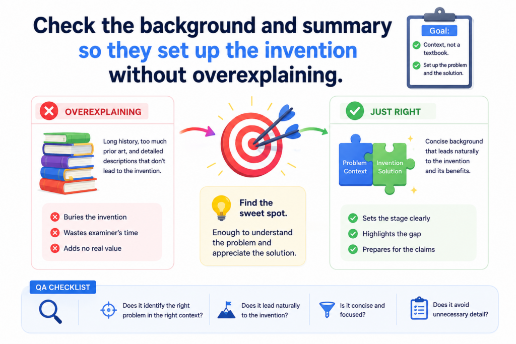 The background and summary can seem less important than the claims and description, but they still deserve careful QA.