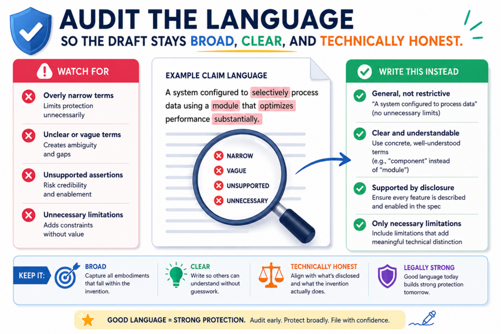 Patent draft QA is not just about adding more detail. It is also about cleaning the language. Words can widen protection, narrow it, or confuse it.