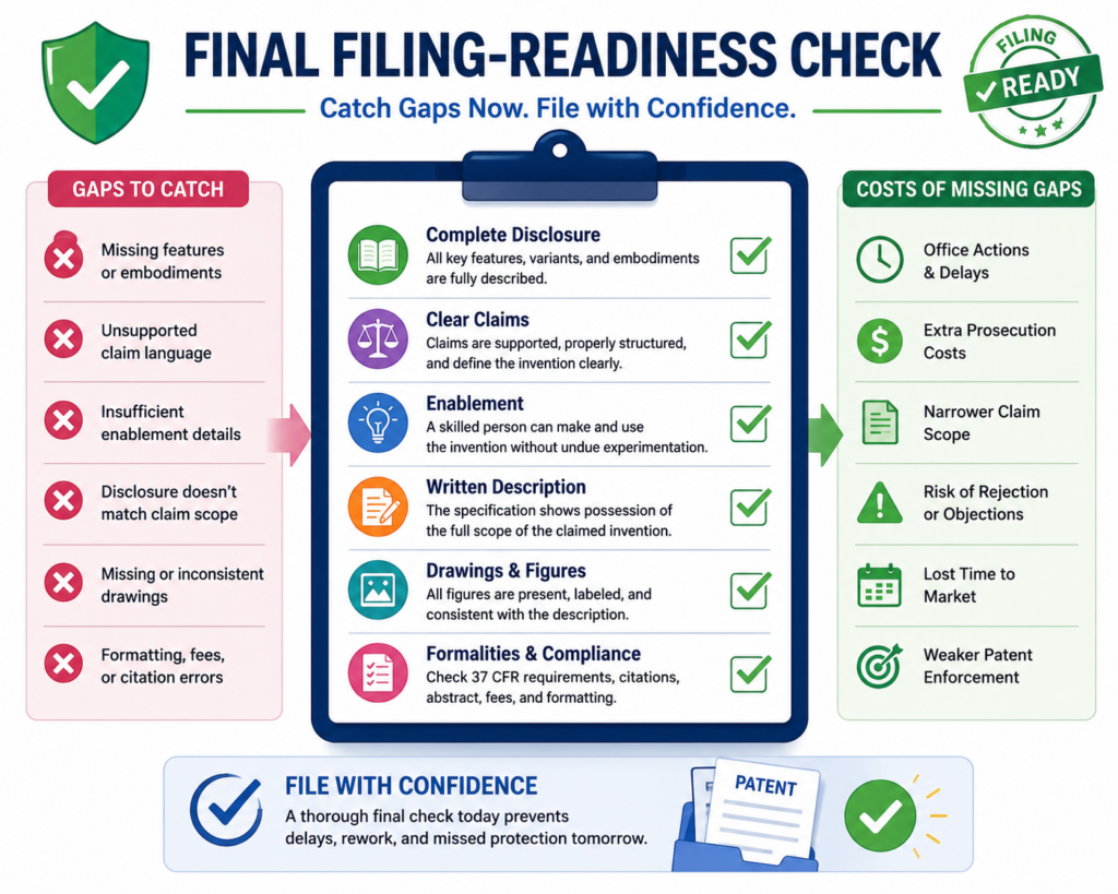 The final QA pass is where the draft becomes filing-ready. By this point, the claims should point to the real invention. The description should support the claims. The drawings should match the story.
