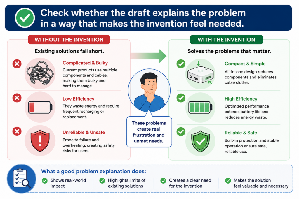 A strong patent draft does not start with the invention floating in space. It shows the problem the invention solves. This does not mean the draft needs a long story.