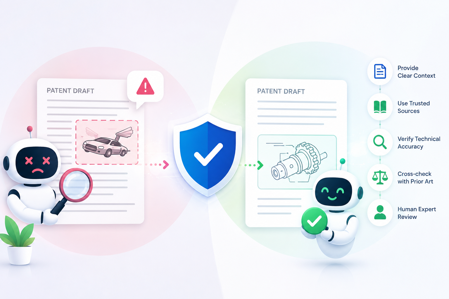 Learn how to avoid AI hallucinations in patent draft reviews with clear checks, source control, and human attorney oversight.