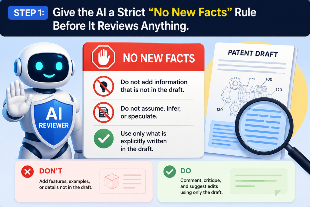 The most useful rule for AI-reviewed patent drafts is also the simplest: the AI should not add new facts unless those facts came from your source material. This one rule can stop many bad edits before they enter the draft.