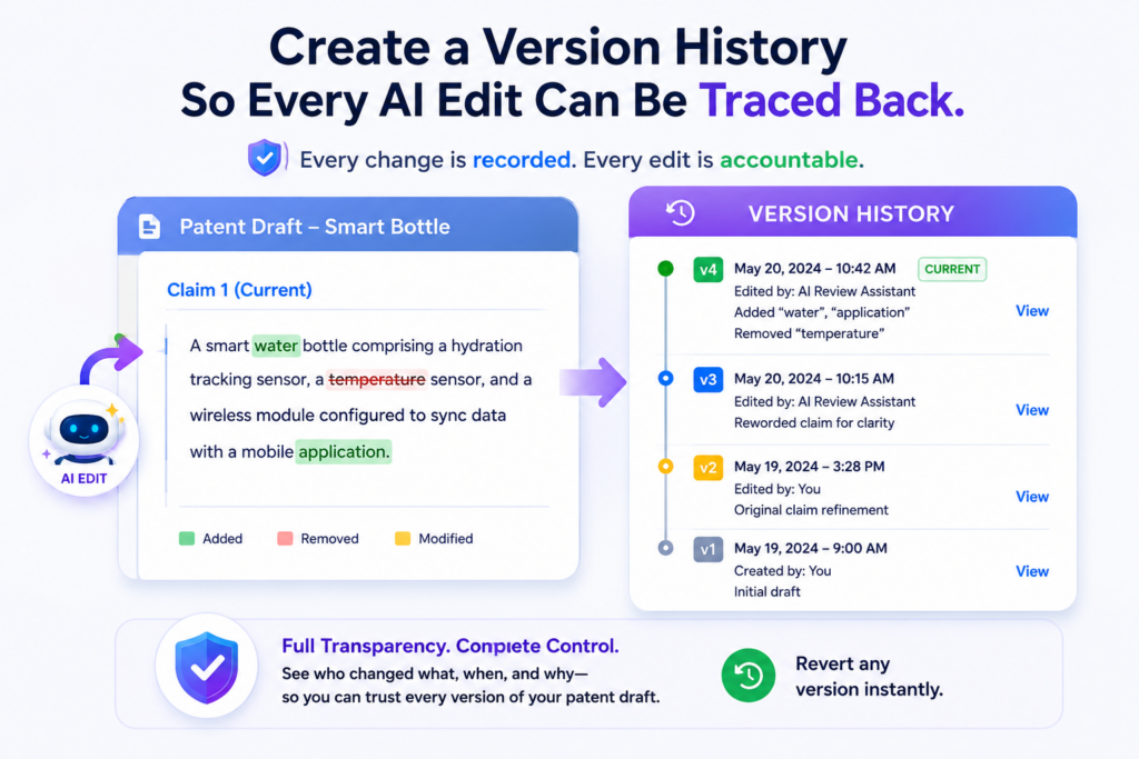 A patent draft should have a clear version history. This is especially important when AI is part of the review process. Without version history, it becomes hard to know where a sentence came from.