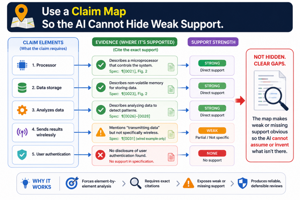 A claim map is one of the best ways to keep an AI-reviewed patent draft honest. It connects each claim idea to the part of the draft that supports it.