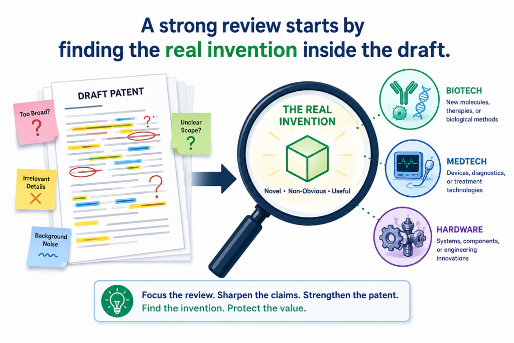 A good patent draft review does not start with grammar. It starts with one simple question: what is the real thing worth protecting here? In biotech, medtech, and hardware, the answer is often not as clear as it seems.