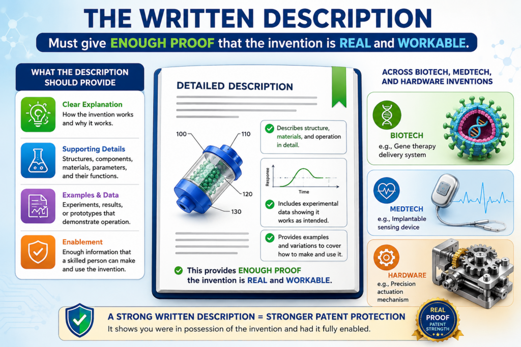 A strong patent draft does not just say what the invention is. It teaches how the invention can be made and used. This is often where biotech, medtech, and hardware drafts become risky.