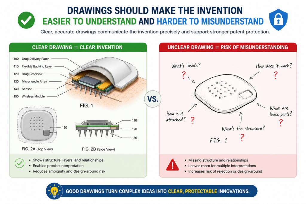 In biotech, medtech, and hardware patents, drawings are not just decoration. They are part of the story. They help explain the invention when words alone may feel too heavy.
