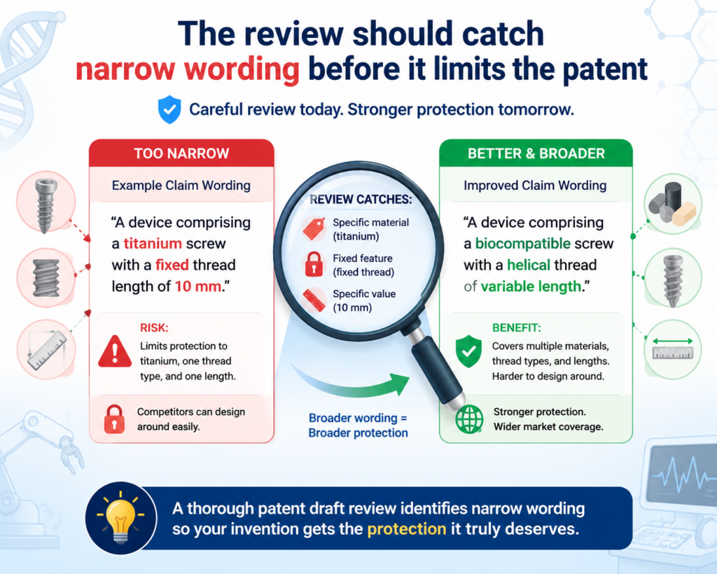 Many patent drafts become weak because of small words that seem harmless. A draft may say “must,” “only,” “always,” “required,” or “the invention is” when it really means “one version may be.”