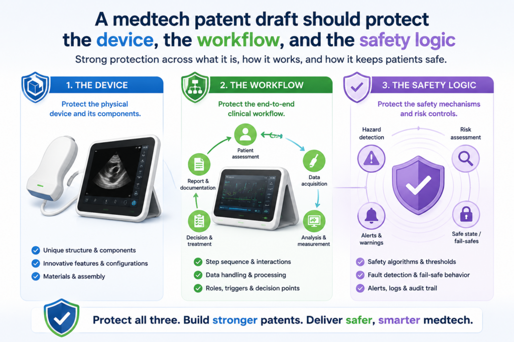 Medtech inventions often sit at the center of many moving parts. There may be a physical device, software, sensors, patient data, clinician steps, safety checks, treatment rules, alerts, disposable parts, sterilization needs, and user training.