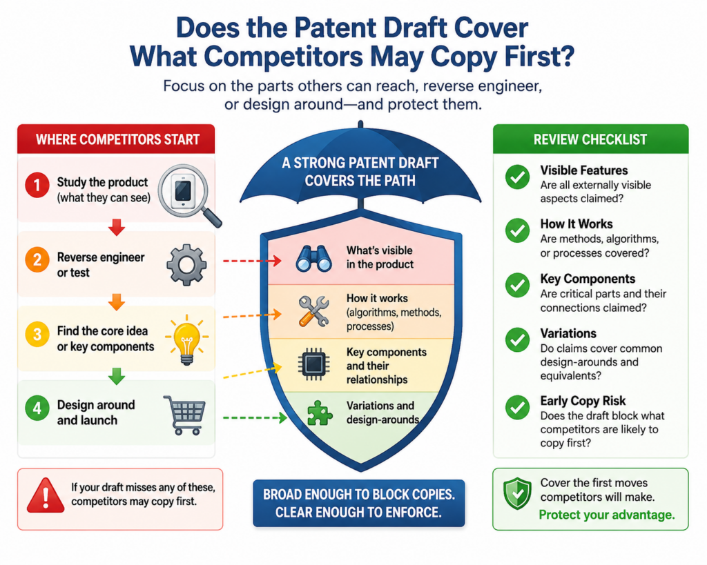 A strong patent draft review should think like a founder and also like a competitor. This does not mean being negative. It means being honest. If your invention works, someone else may try to build around it.