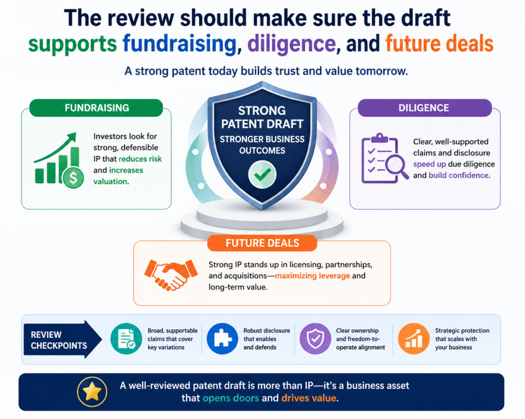A patent draft is not only read by patent offices. It may also be read by investors, partners, acquirers, board members, grant reviewers, and technical advisors.