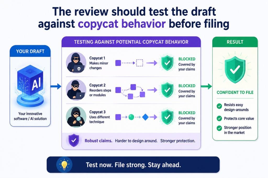A useful patent draft should not only describe what your company built. It should also make life harder for a copycat. That does not mean the draft should be aggressive or messy.
