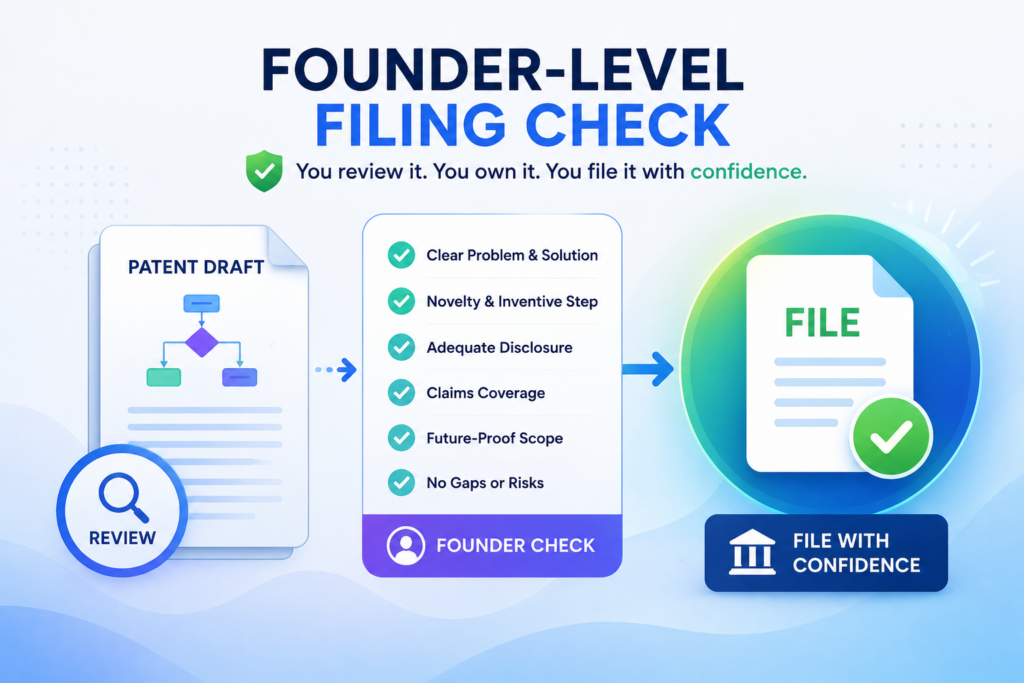 Before a software or AI patent draft is filed, the founder should step back and review the draft from a business point of view. This final check is not about editing every word.
