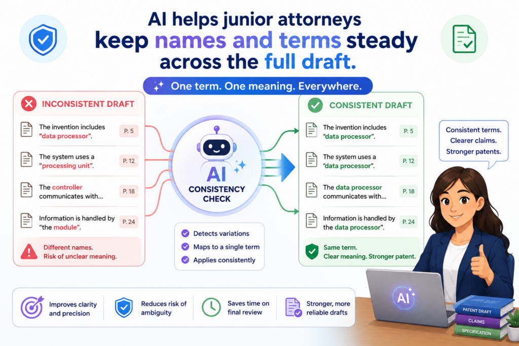 A patent draft can get weak when the same thing is called by many names. This sounds small, but it can create real trouble.