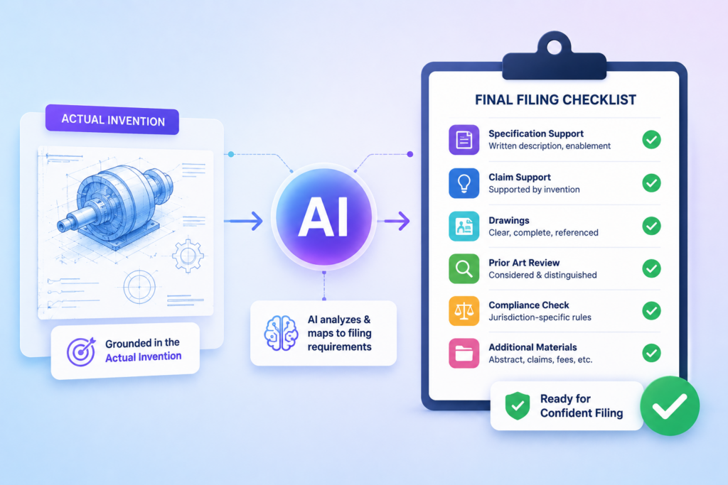 Final approval should never be a rushed click. Before filing, the in-house team needs to know that the draft matches the invention, supports the claims, reflects key product plans, and includes inventor feedback.