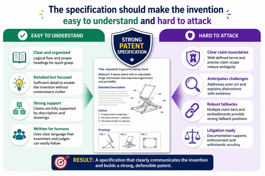 The specification is where the draft explains the invention in full. It gives context, examples, system details, drawings, and support for the claims.
