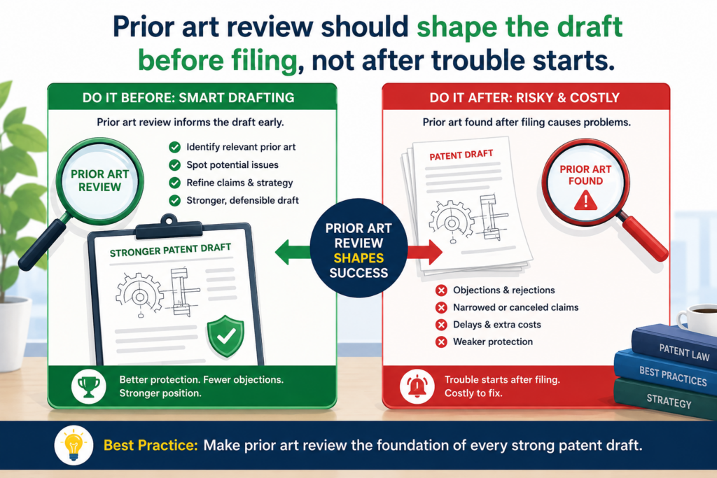 Prior art review is one of the most useful quality control steps in patent drafting because it shows the firm what the invention is really standing against.