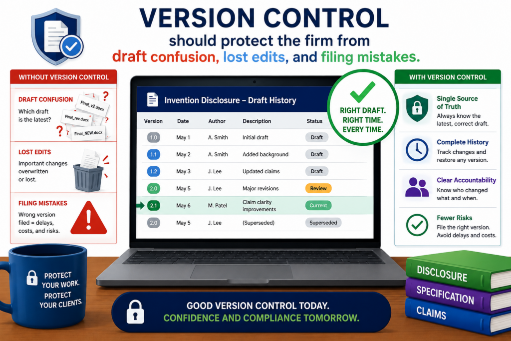 Version control sounds basic, but it is one of the most common places where patent draft quality breaks down.